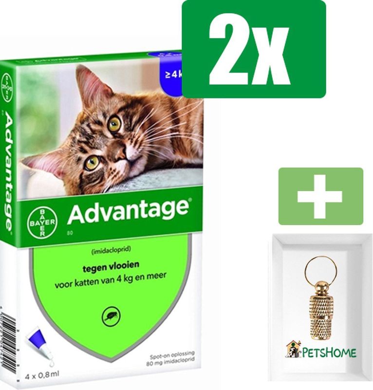 Advantage - 4 Pipetten - Vlooienbestrijdingsmiddel - 40 tot 4 kg - 2 Stuks - Inclusief PetsHome Goudkleurige Adreskoker