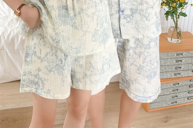 Sadelle - Koppel bijpassende cap-mouw ronde hals tie-dye ruche rand strik voorkant midi pyjamajurk / top / shorts / set (verschillende ontwerpen)