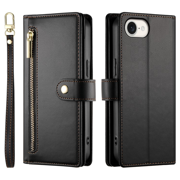 iPhone 16e Leder Tasche Flip Cover mit Reissverschluss   Handschalufe - Schwarz