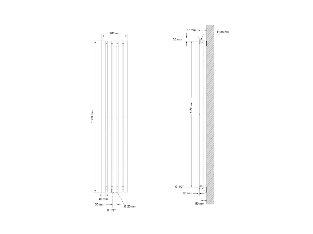 Radiateur Stella à panneaux blanc 260x1600 mm raccord central pour salle de bain