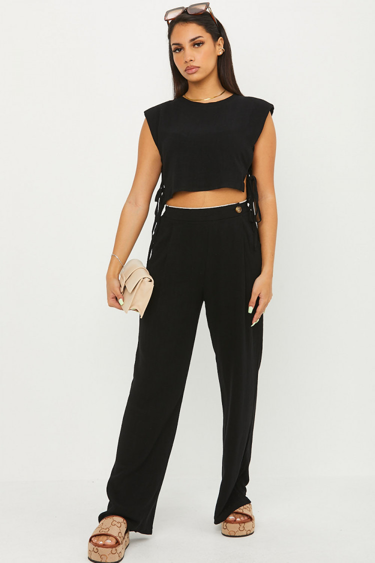 Pantalon en lin taille haute noir