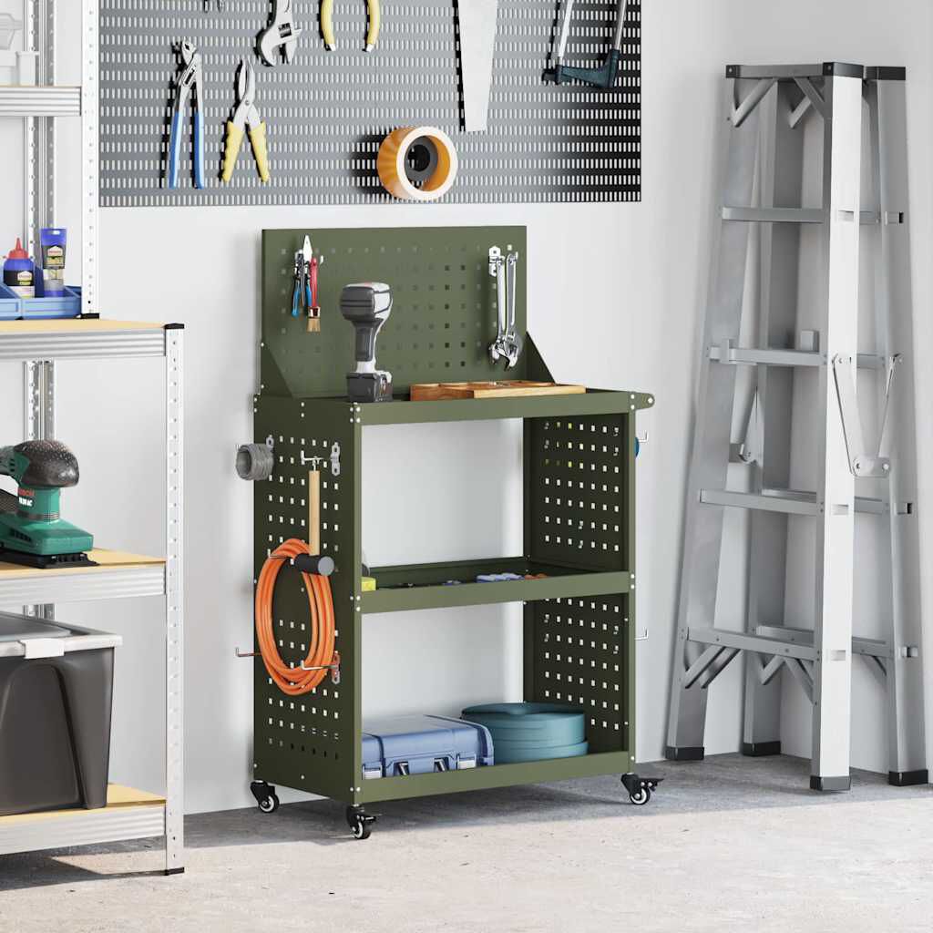 vidaXL Gereedschapswagen met plank en wiel olijfgroen 65 x 35 x 111 cm