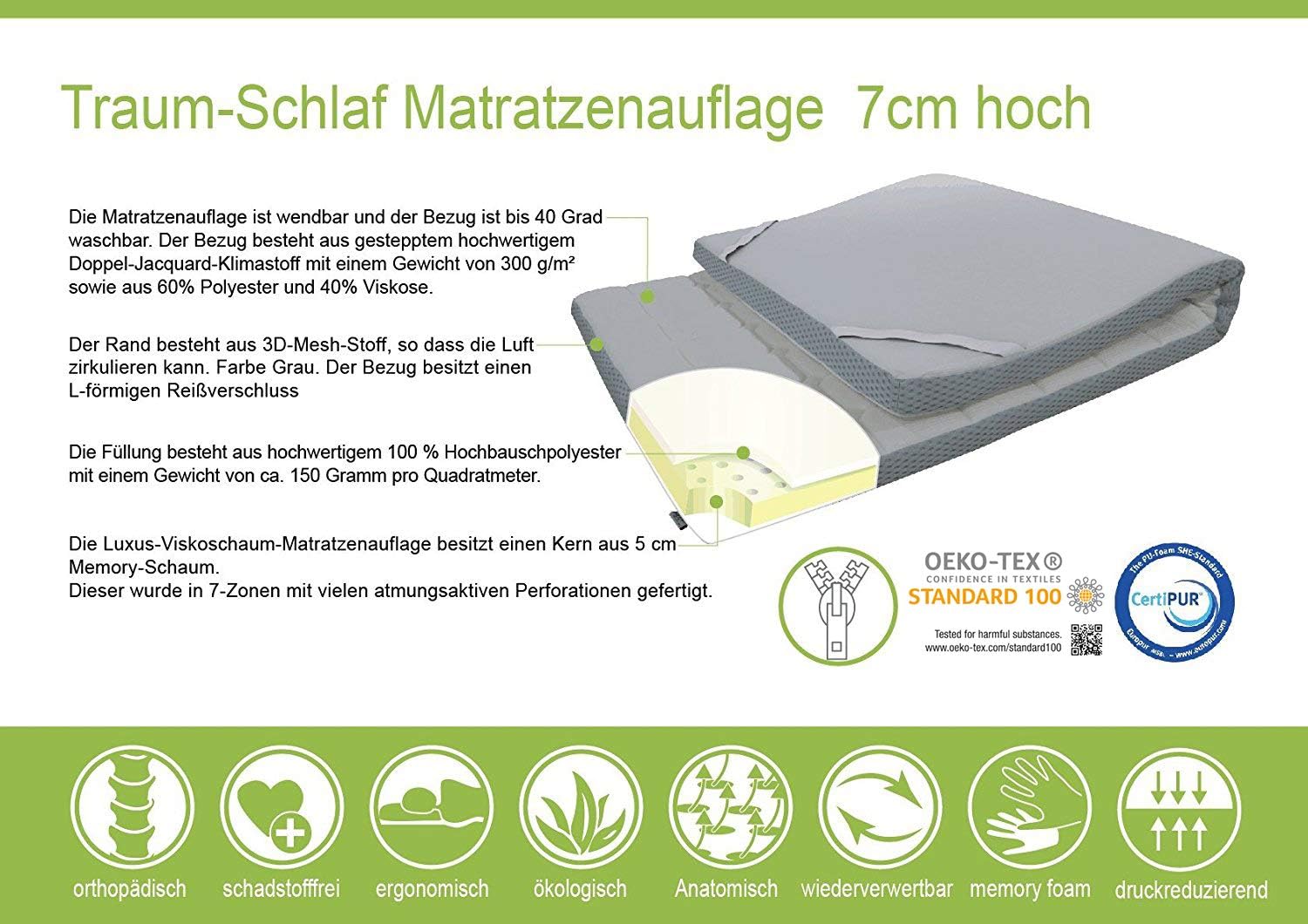 Mlily Ebitop Gesteppte Matratzenauflage, EBI - A1-180.7 Bezug-waschbar Viskose Topper, 200x180x7 cm weiß