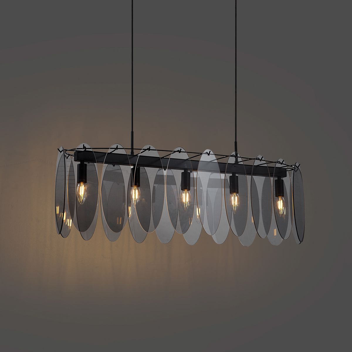 Design hanglamp zwart met smoke glas ovaal 5-lichts - Mochan