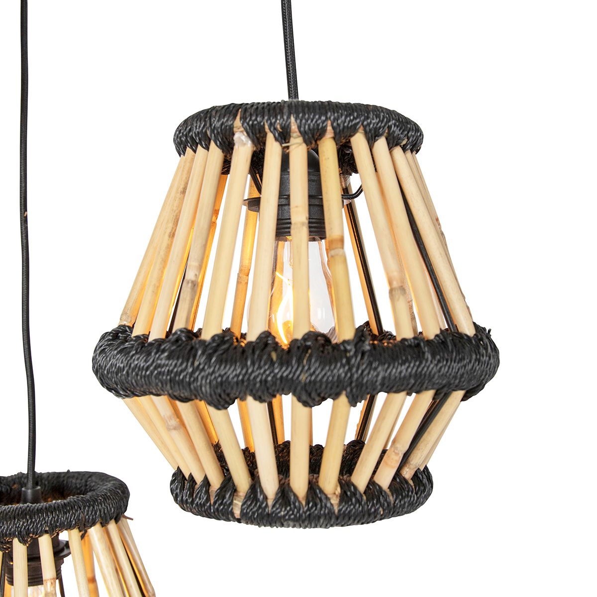 Oosterse hanglamp bamboe met zwart rond 3-lichts - Evalin