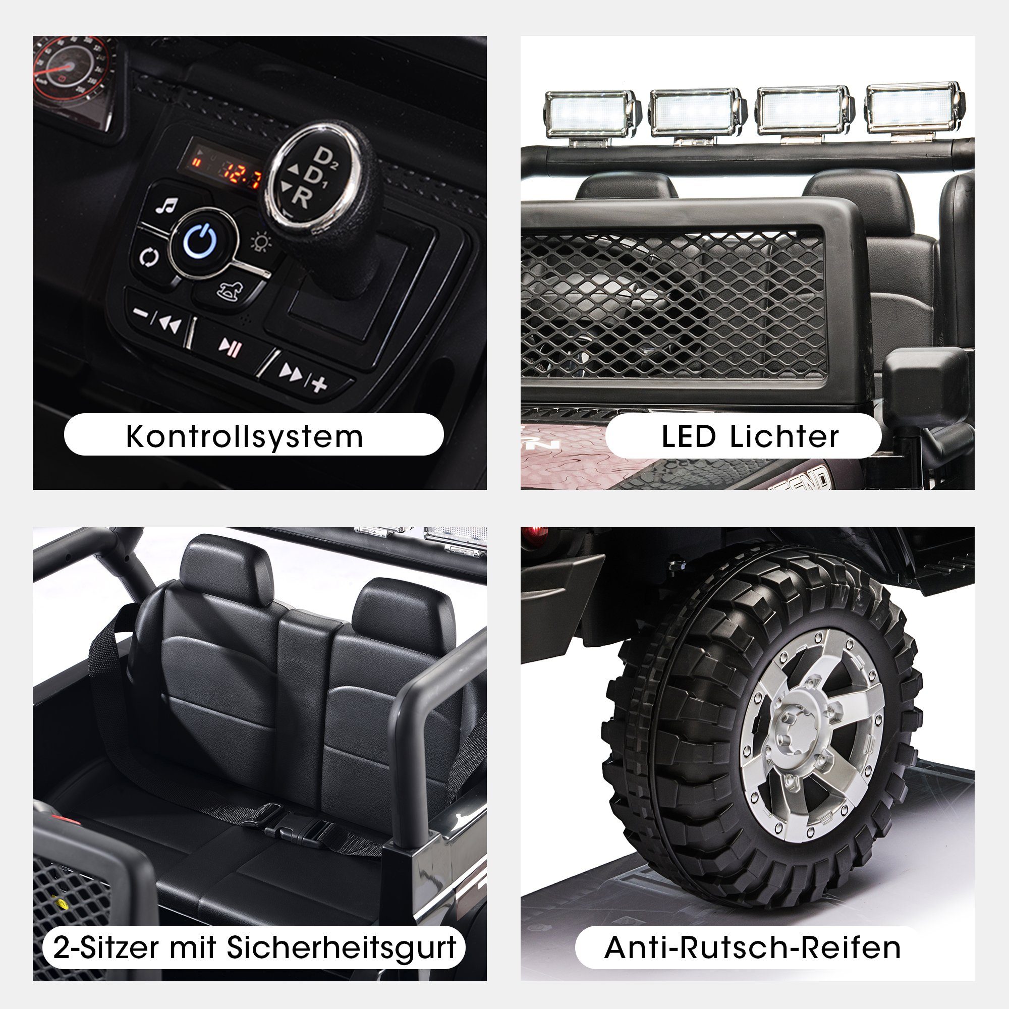 Carrinho elétrico infantil Merax, capacidade de carga 50 kg, com 2 lugares, equipado com entradas USB, AUX e Bluetooth, incluindo controle remoto.