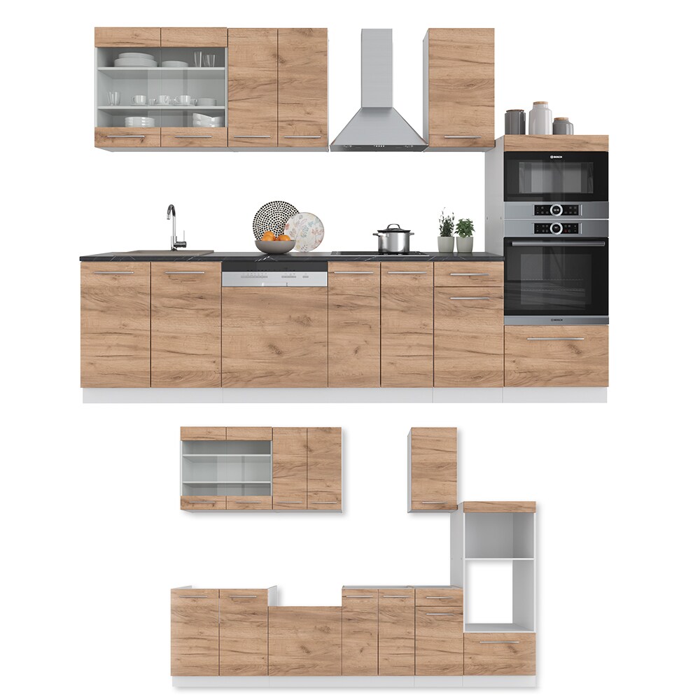 Vicco Küchenzeile Küchenblock Einbauküche Fame-Line Weiß Eiche 300 cm modern Küchen Schränke Schubunterschrank Unterschrank Spülenunterschrank Hängeschrank Mikrowellenschrank Geschirrspülerblende