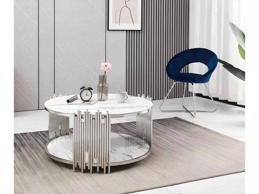 Table basse ronde stick chrome verre effet marbre blanc d90 h45 cm