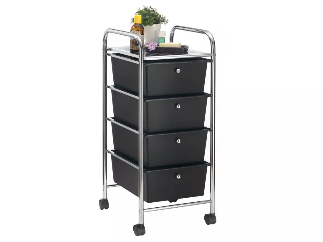 Caisson sur roulettes GINA chariot avec 4 tiroirs en plastique noir et 1 étagère, rangement salle de bain en métal chromé