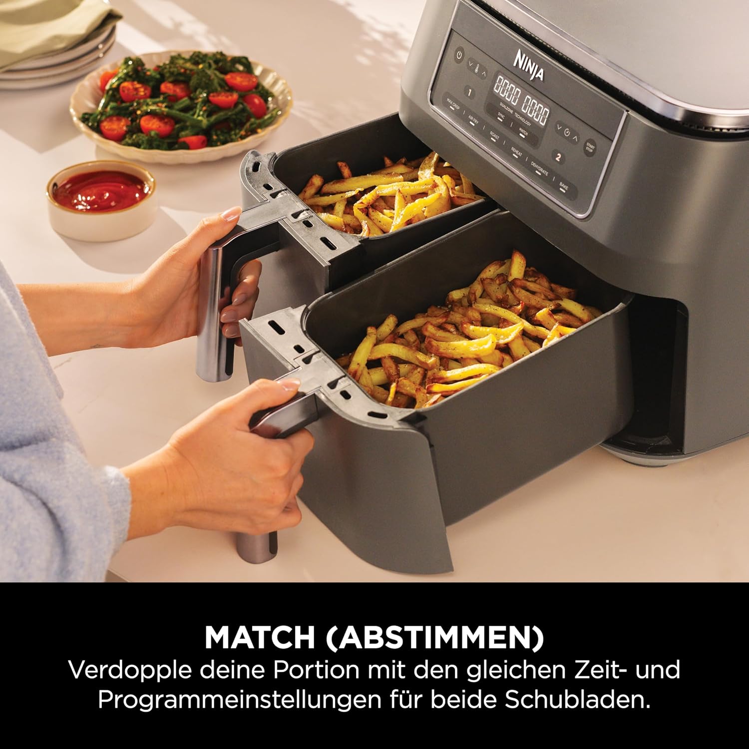 Ninja Dual Zone Digital Air Fryer, 2 Schubladen, 6-in-1, Heißluftfritteuse ohne Öl, 7,6L, Heißluft-Frittieren, Max Crisp, Rösten, Backen, Aufwärmen, Spülmaschinenfeste Körbe, Metallic Grau DZ300EU