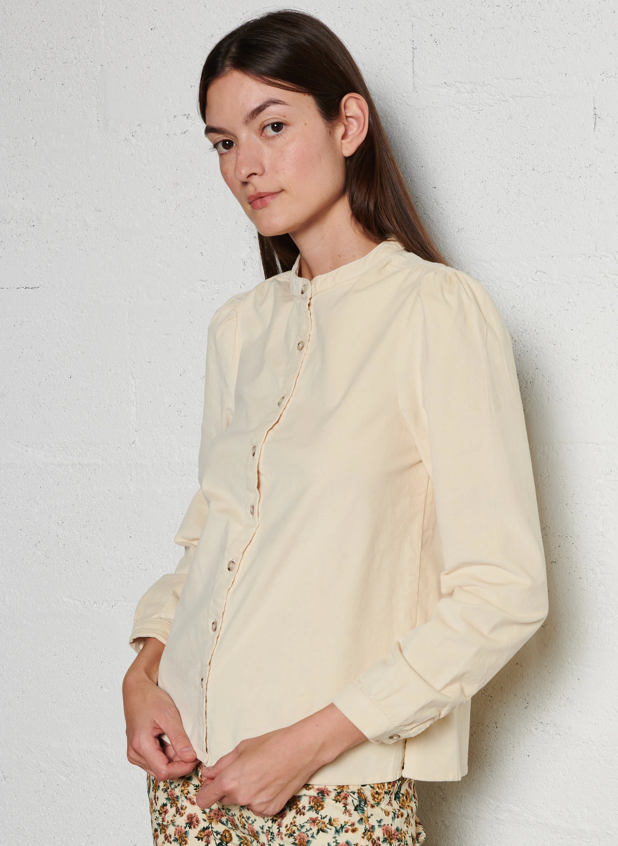 BLONDIE - Chemise col rond droite en coton mélangé | Beige