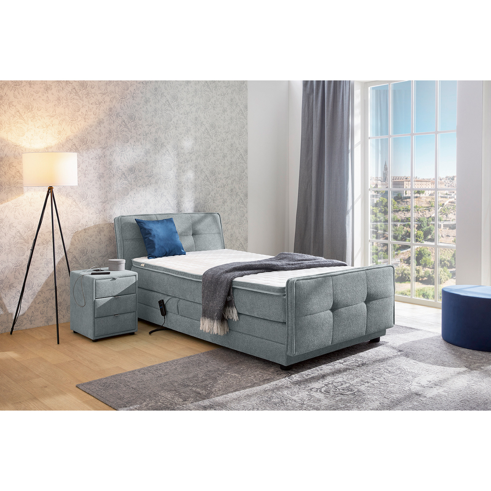 Boxspringbett Paloma Stoff 120 x 200 cm, mit verstellbarer Liegeposition per Fernbedienung
