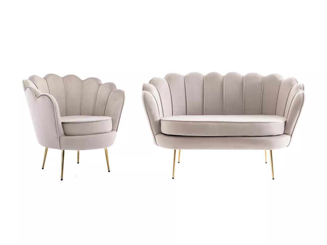 Canapé 2 places et fauteuil coquillage en velours taupe DANDELION de Pascal Morabito