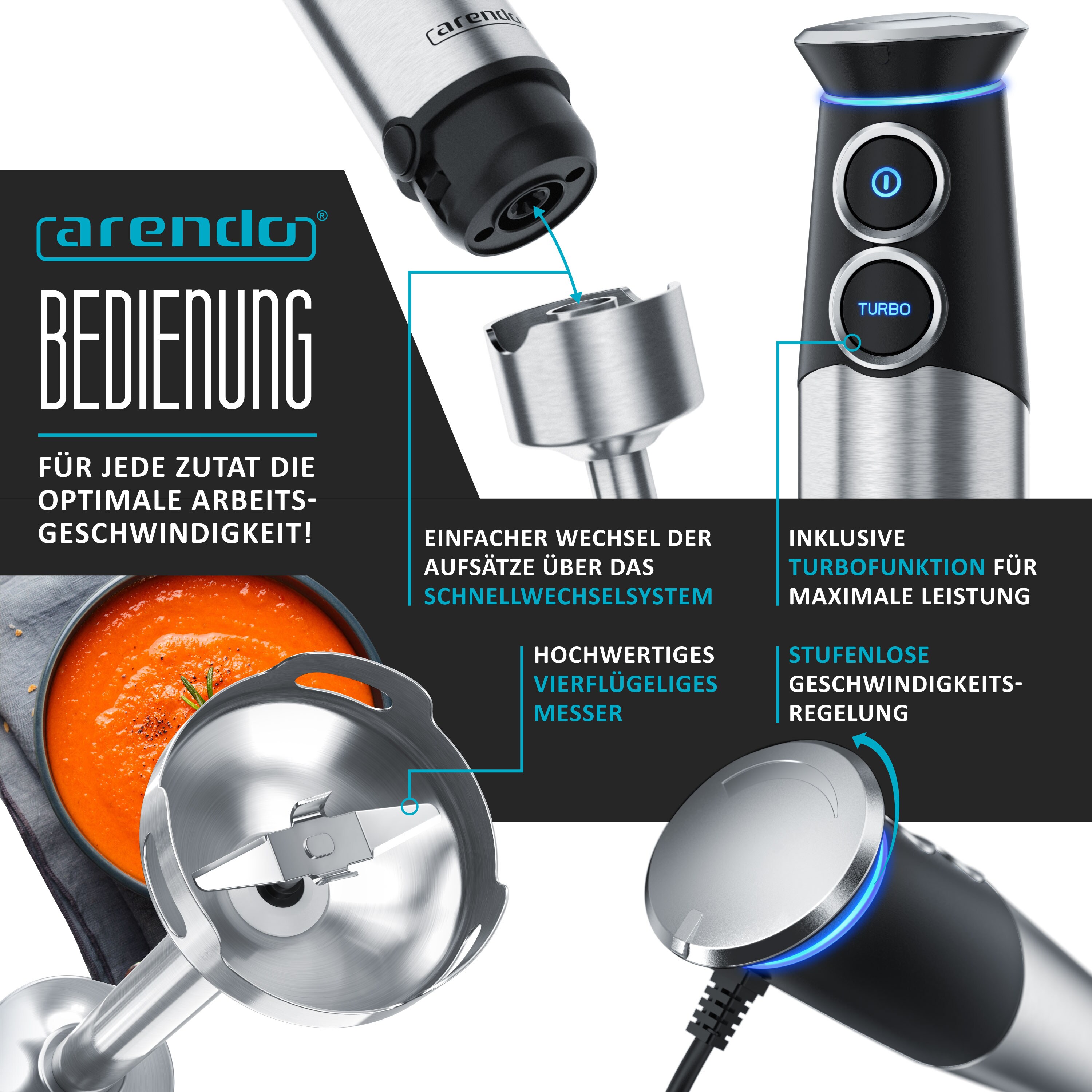 Arendo Stabmixer Edelstahl Set - Pürierstab - stufenlose Geschwindigkeit + Turbotaste