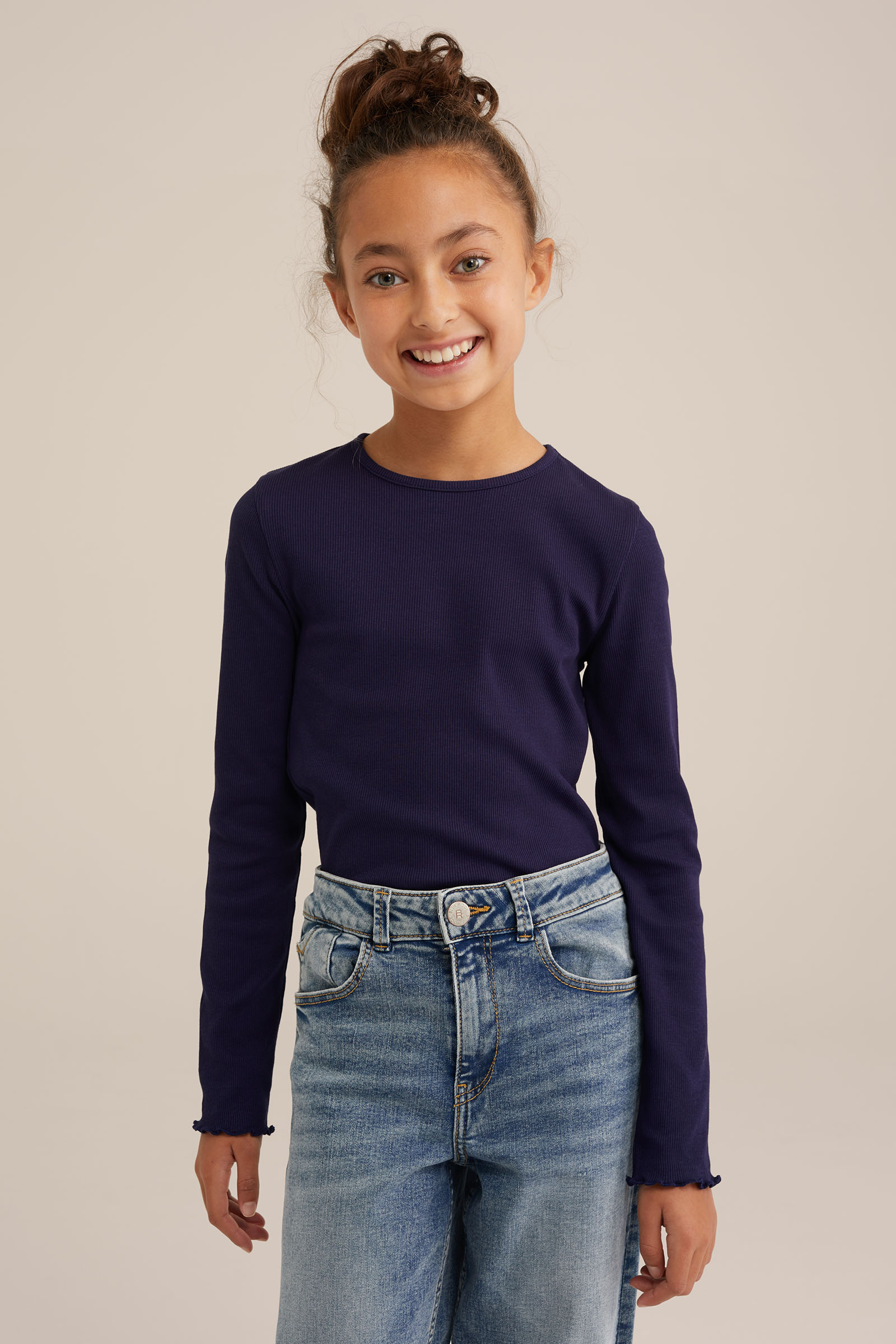 Meisjes T-shirt van ribstof WE Fashion Donkerblauw