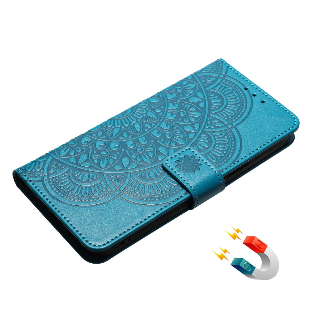 iPhone 16 Leder Tasche Wallet - Mandala Flowers Imprint - Blau