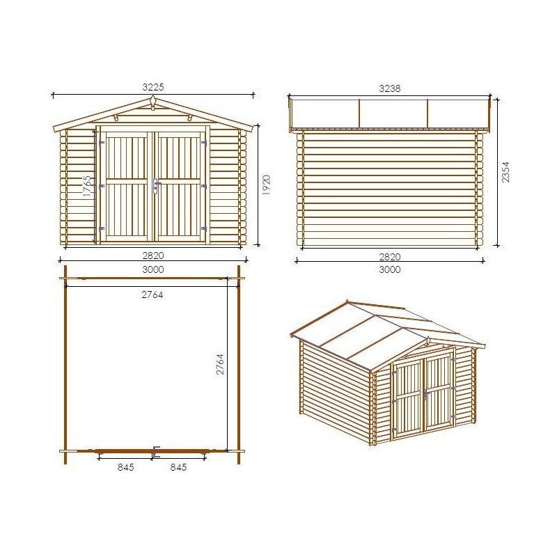 Abri de jardin en bois - 3x3 m - 15 m2 + terrasse avec balustrade et avant-toit en bois
