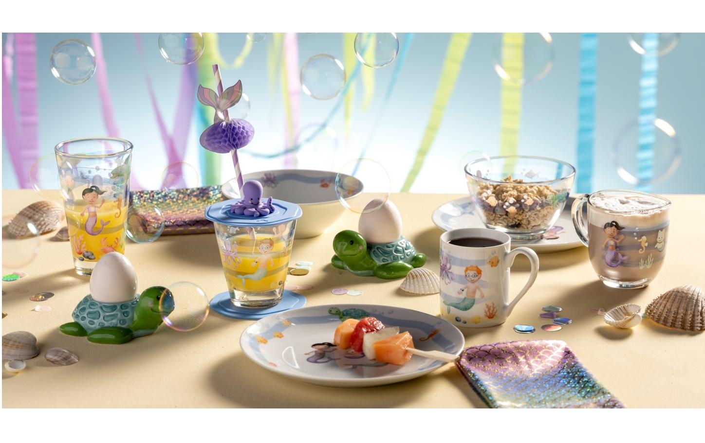 Kindertrinkglas Avventura 300 ml, 3-teilig, MeerTrinkglas für Kinder mit Deckel und Untersetzer