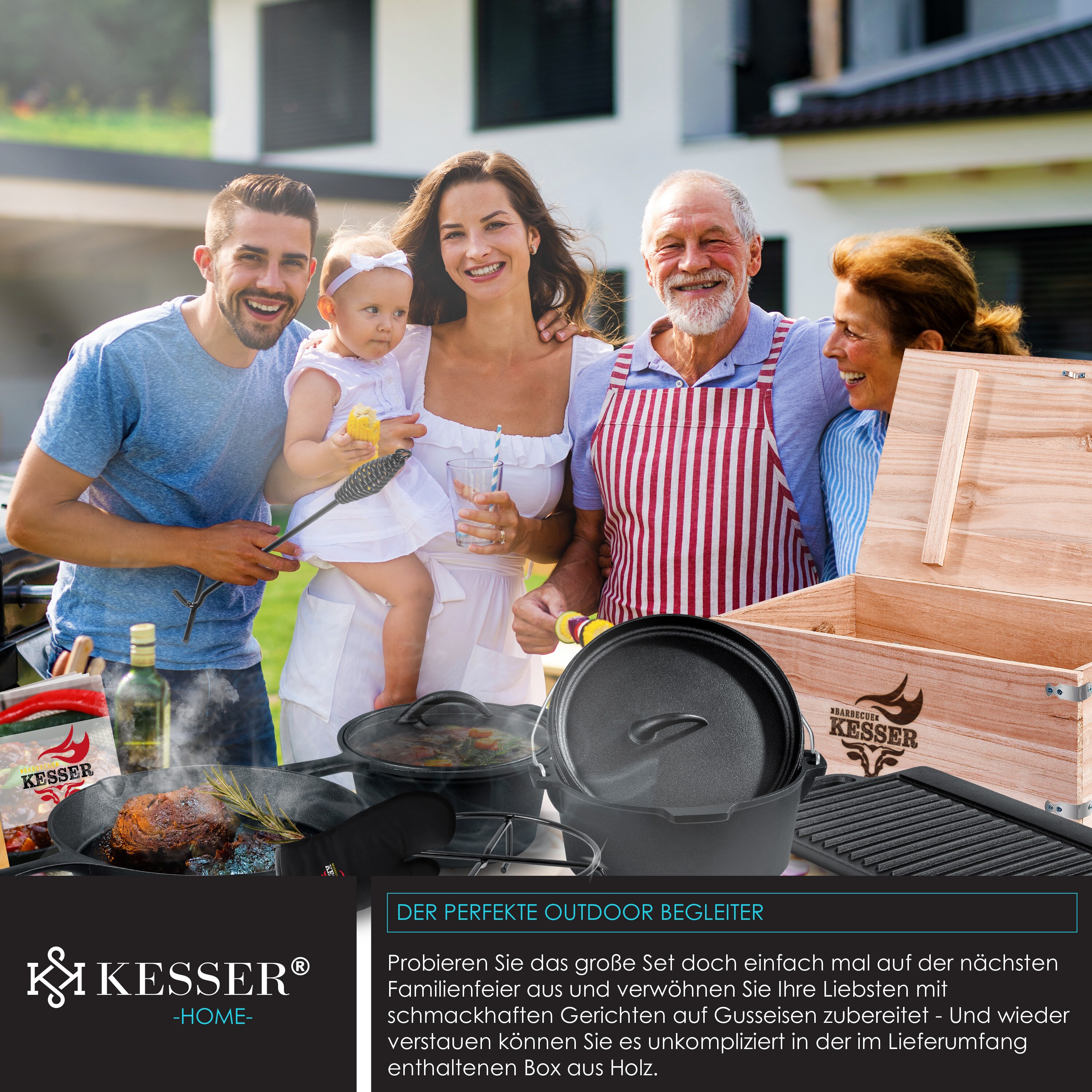 KESSER® Dutch Oven Set in Holzkiste mit Dutch Oven Mit viel Zubehör - Gusseisen - bereits eingebrannt mit Kochtopf Grillplatte Pfanne Deckelheber Inkl. Rezeptbuch Handschuhe