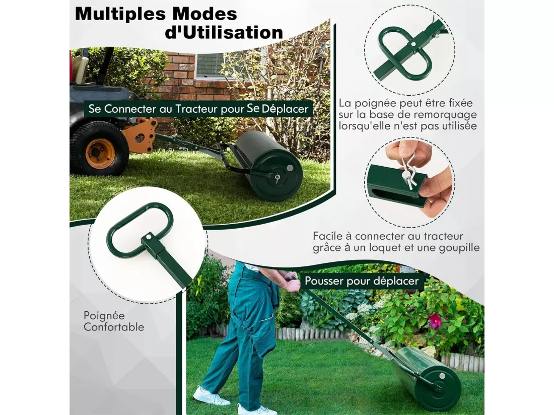 Rouleau à Gazon de Jardin en Métal avec Poignée de Préhension Détachable, Rouleau de Pelouse Rempli d'eau/Sable 63L- Ø 30 CM, Idéal pour Obtenir Pelouse Uniforme (Vert)