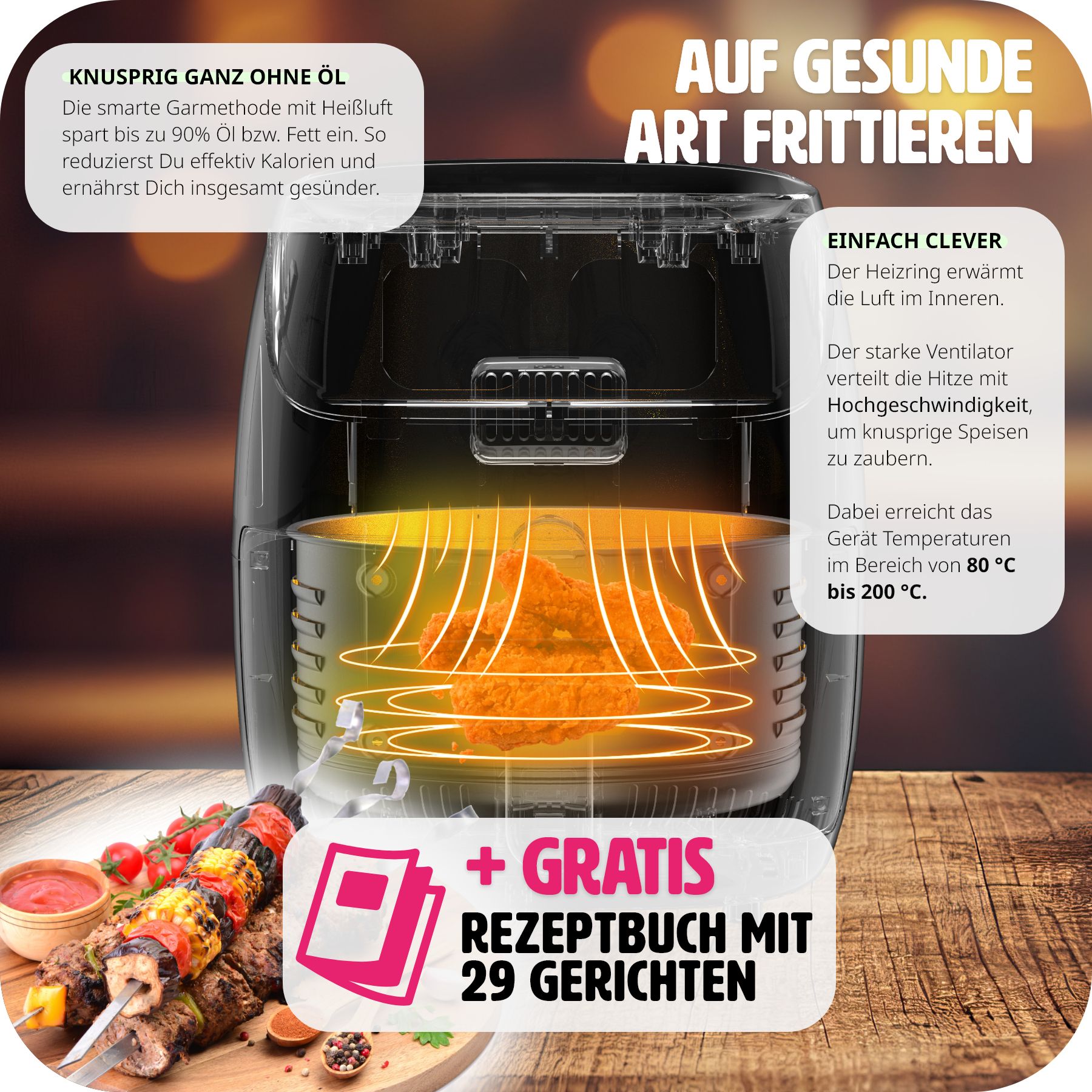 tectake® Heißluftfritteuse, 4,3 l, Timer und Temperatursteuerung, SGS-Zertifikat, inklusive Rezeptheft