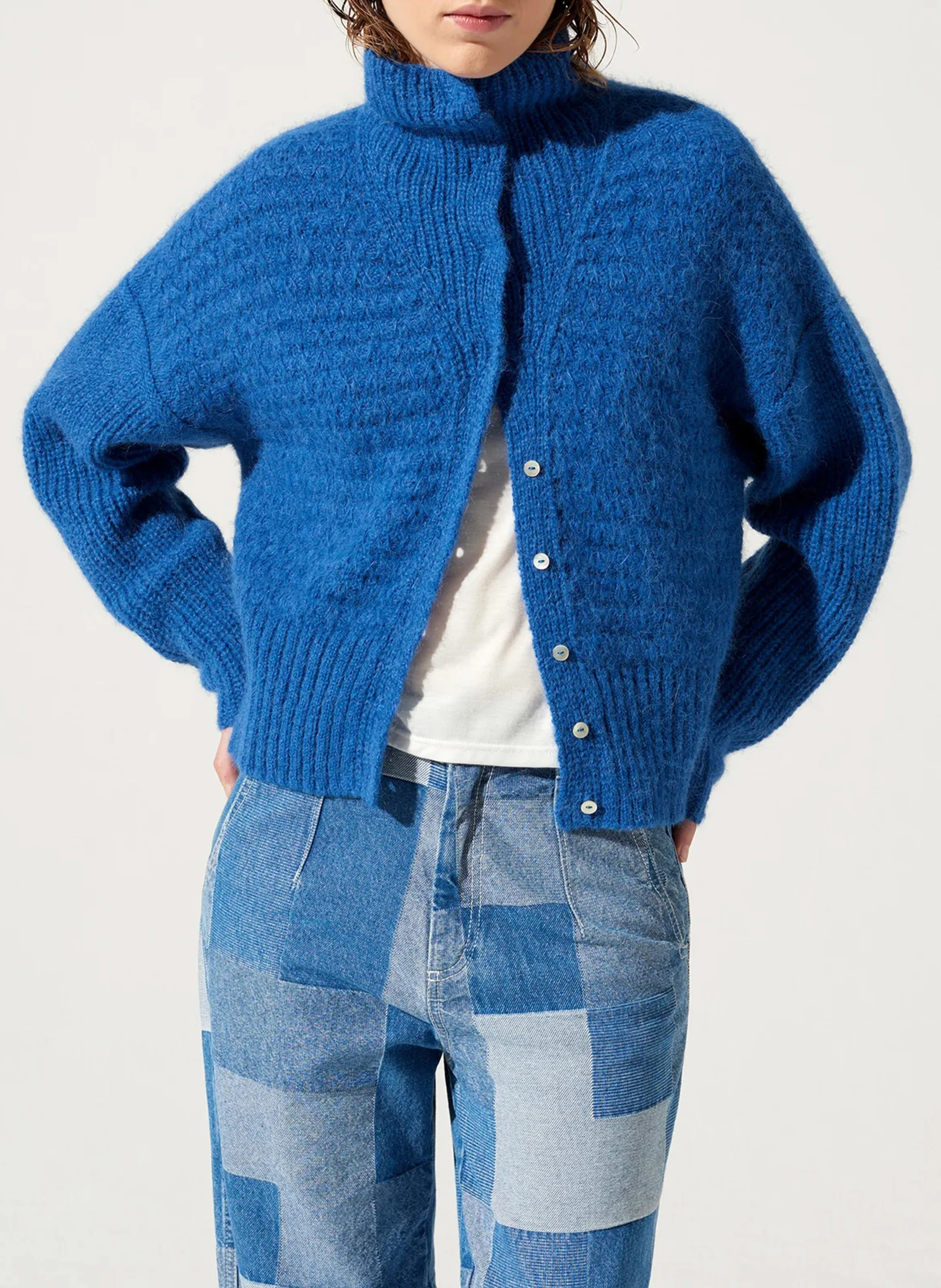 Gilet col montant en alpaga et coton mélangés | Bleu