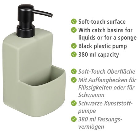WENKO Spülmittelspender »Modell Festival« aus Keramik, Soft-Touch Beschichtung, mit Spülschwamm-Fach, 380 ml