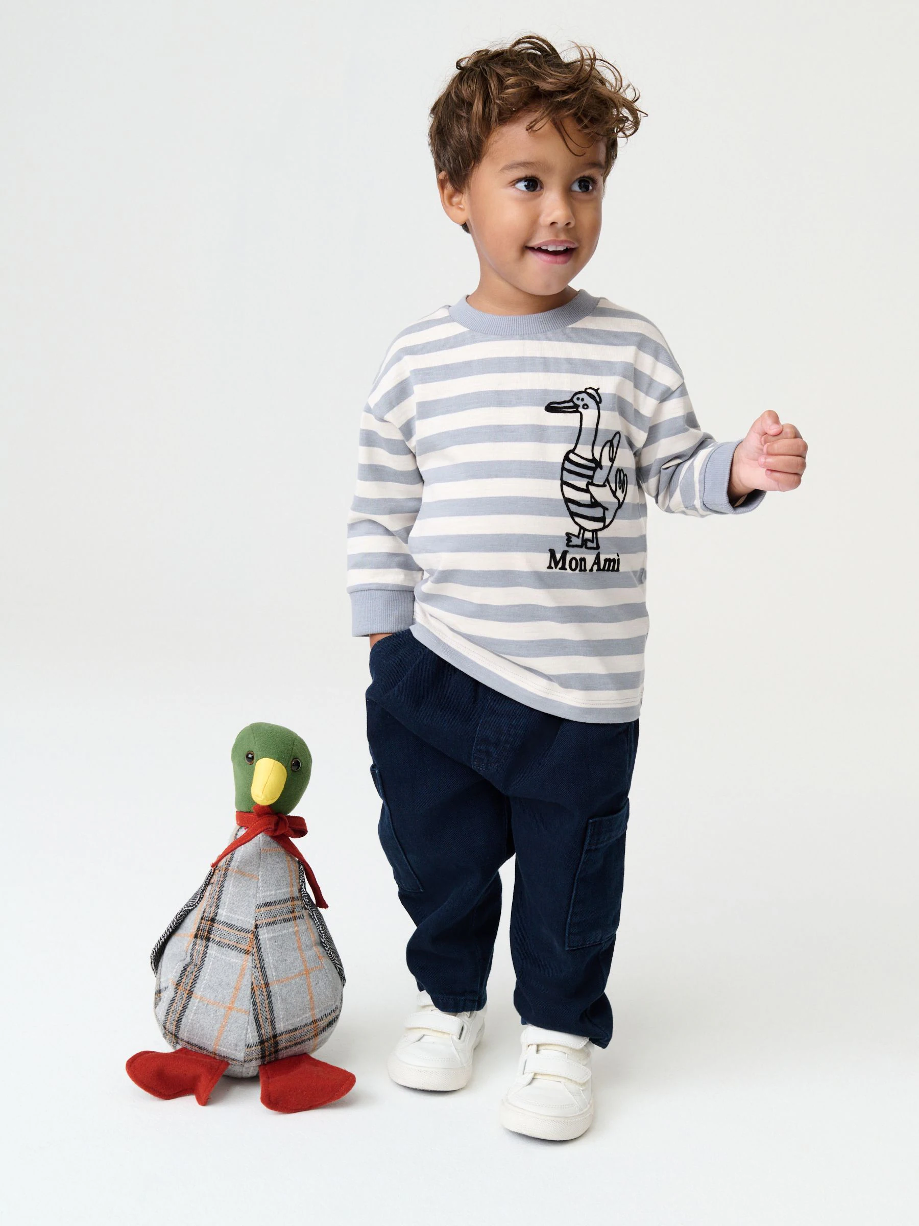 Grijs met eendjes - T-shirt met lange mouwen en print op de rug (3mnd -8jr)