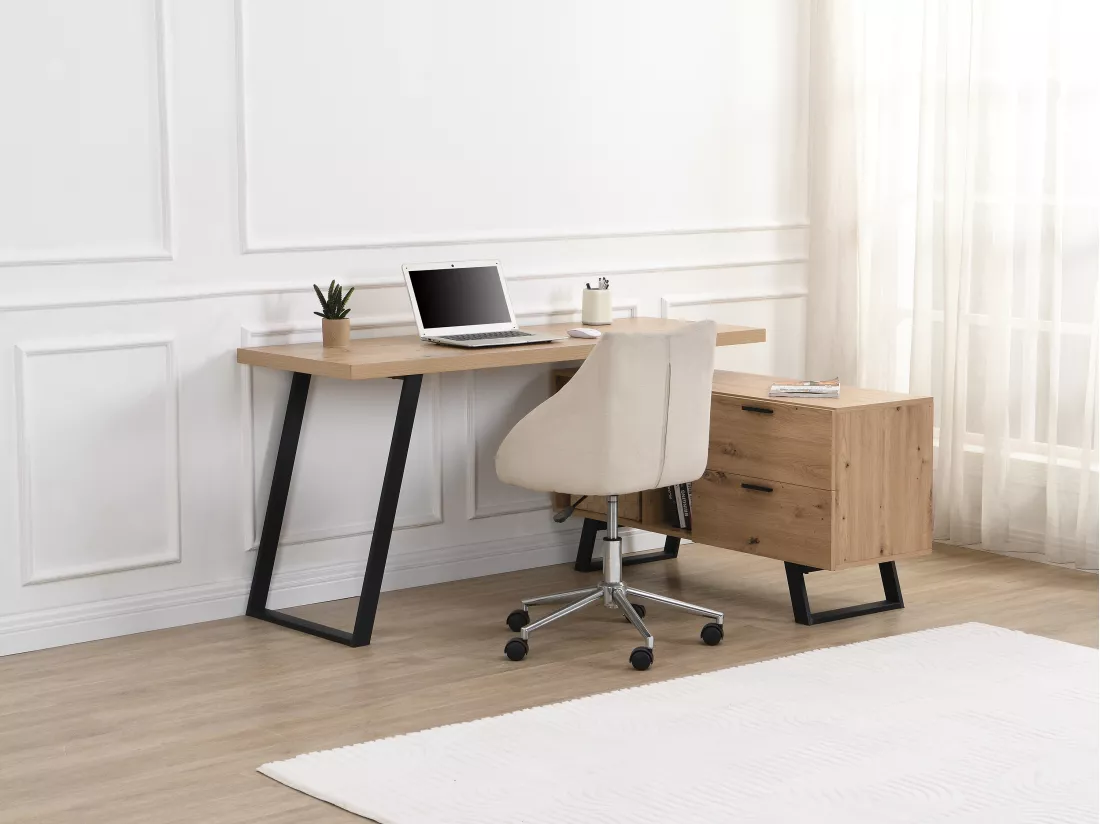 Bureau d'angle avec rangements - MDF - Coloris : Naturel et noir - NAYARO