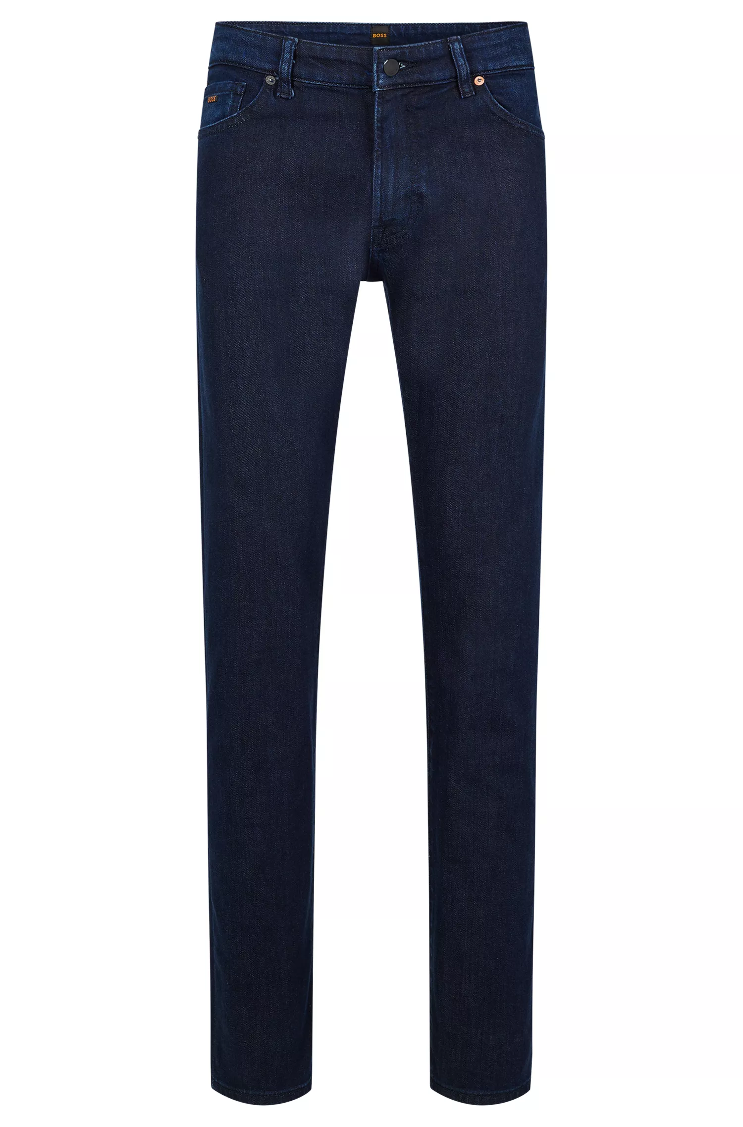 Calça jeans BOSS laranja, corte regular, em denim azul com elasticidade confortável.