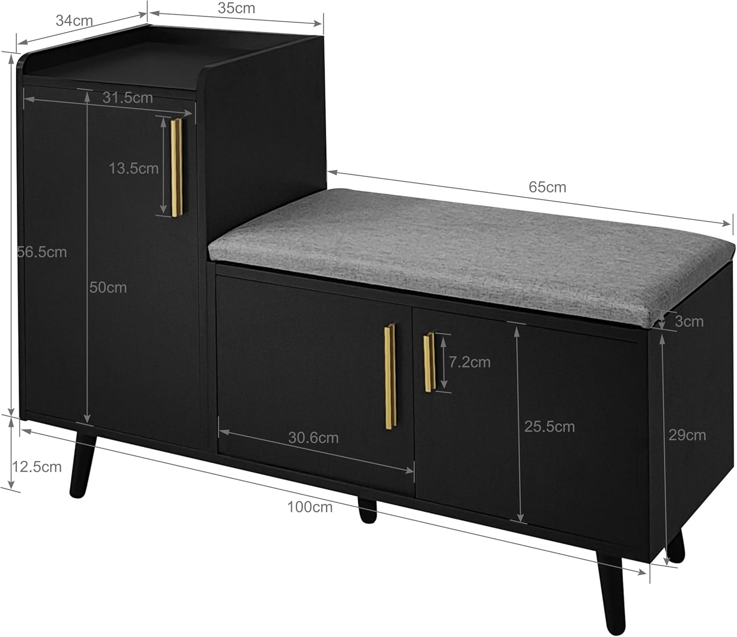 Merax Schuhschrank mit Sitzbank, Schuhbank mit Sitzfläche, 3 Stauraumtüren, asymmetrische Metallgriffen, Schwarz, B100/T34/H69 cm