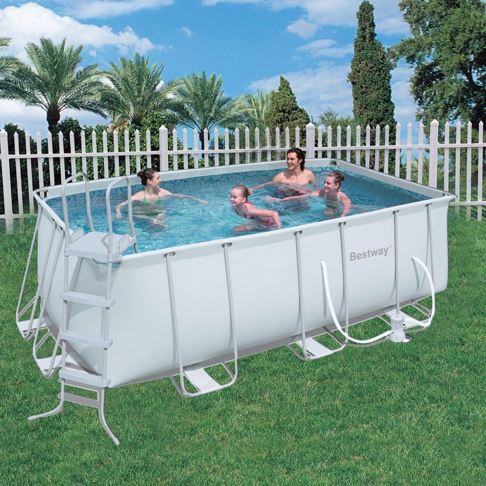 Bestway 56241GS Frame Pool Stahlrahmenbecken Set, 412 x 201 x 122 cm rechteckig mit Filterpumpe GS, hellgrau