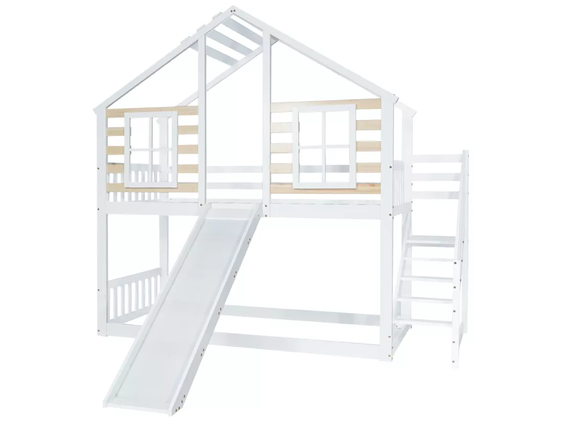 Lits superposés enfant 2x90x200cm, cadre en bois massif, décor avec fenêtre, avec toboggan et sommier à lattes, blanc