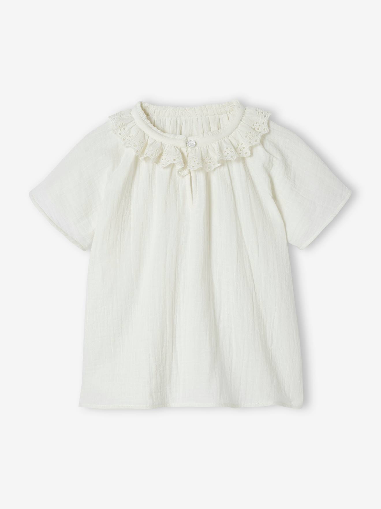 Blusa de chiffon de algodão com gola bordada à inglesa para meninas, cor cru.