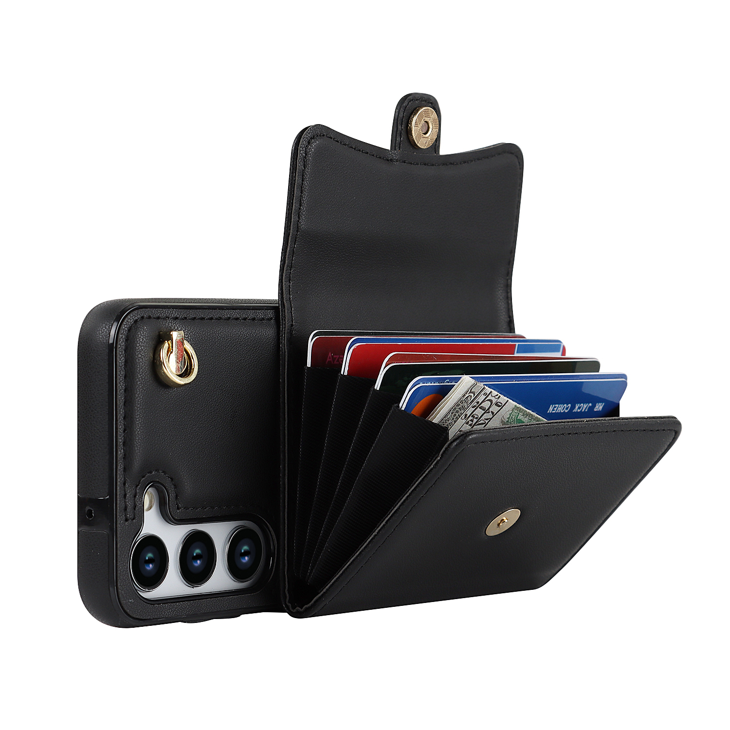 Samsung Galaxy S25 Necklace Leder Schutz Hülle mit Kartenfach   Handykette (140cm) - Schwarz