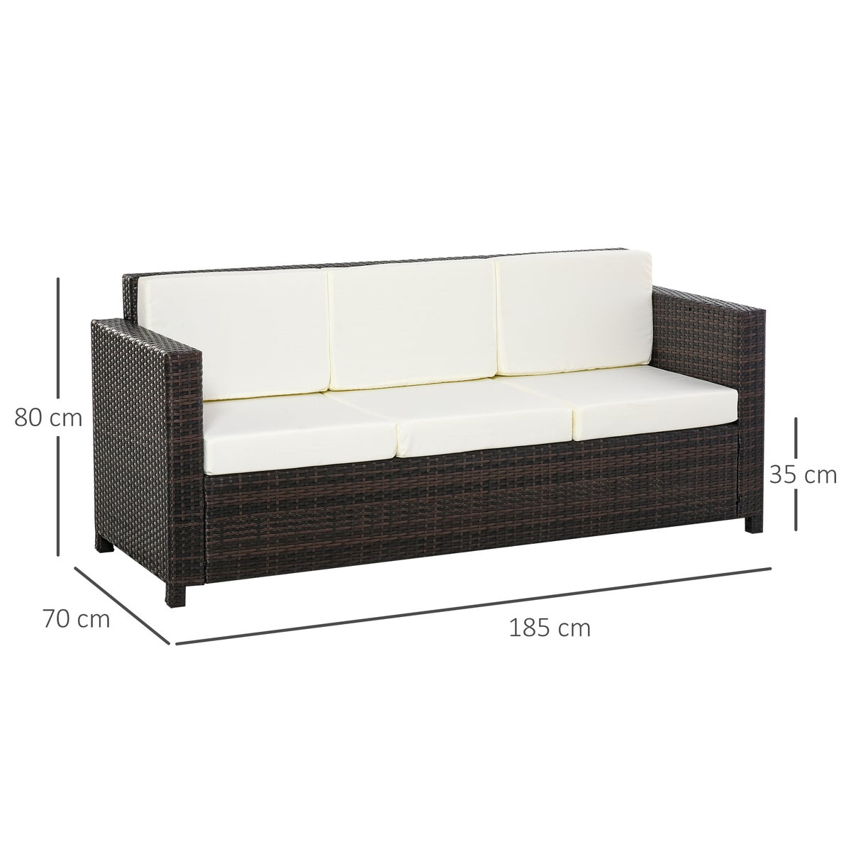 Outsunny Poly-Rotan Sofa met Kussens, 3-zits tuinloungebank, 185 x 70 x 80 cm, Metaal, Polyester, Bruin+Wit