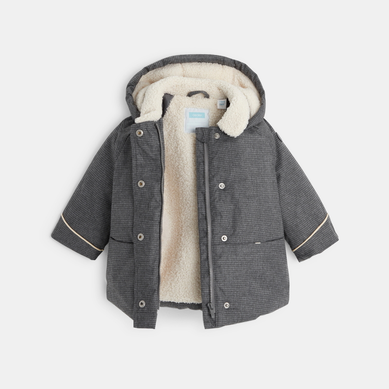 Manteau carreaux pied-de-poule fourré gris bébé fille