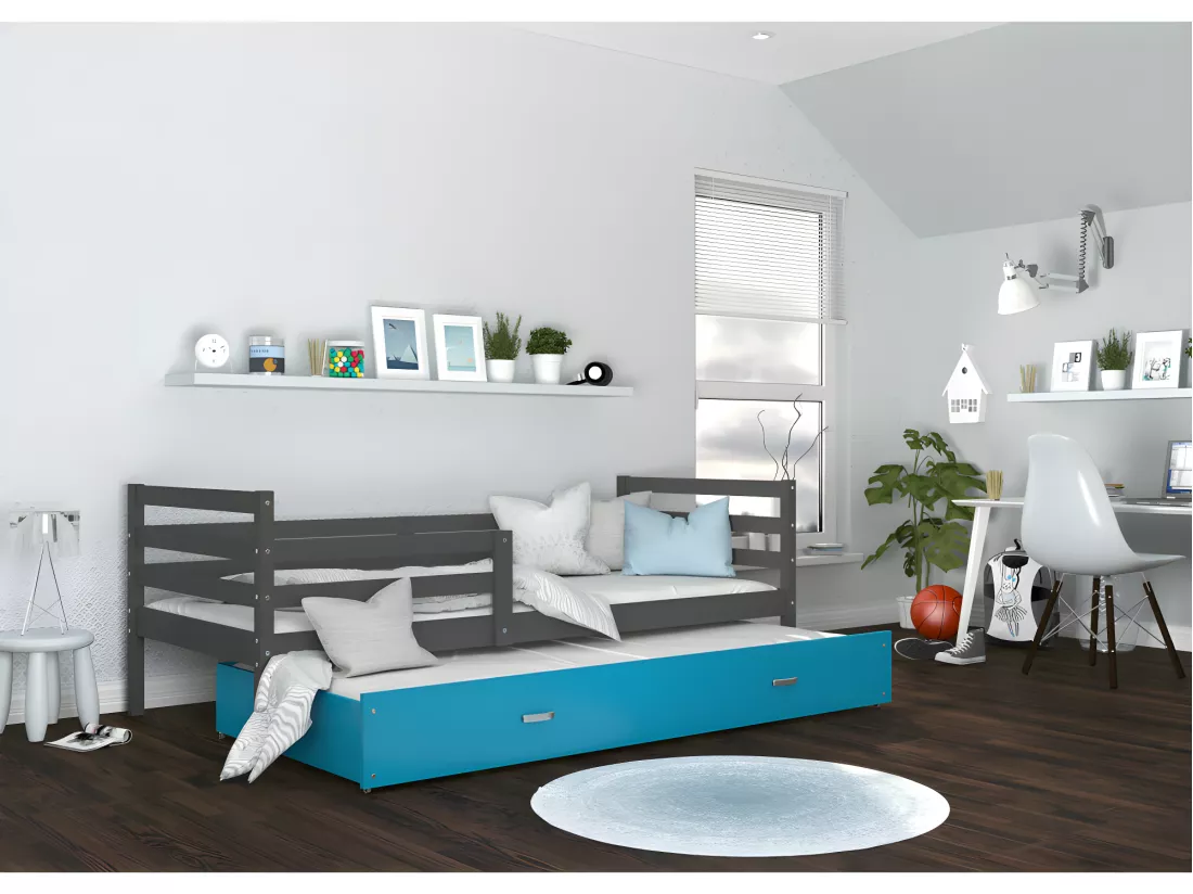 Lit Gigogne Milo 90x190 Gris - bleu Livré avec sommiers, tiroir et matelas en mousse de 7cm