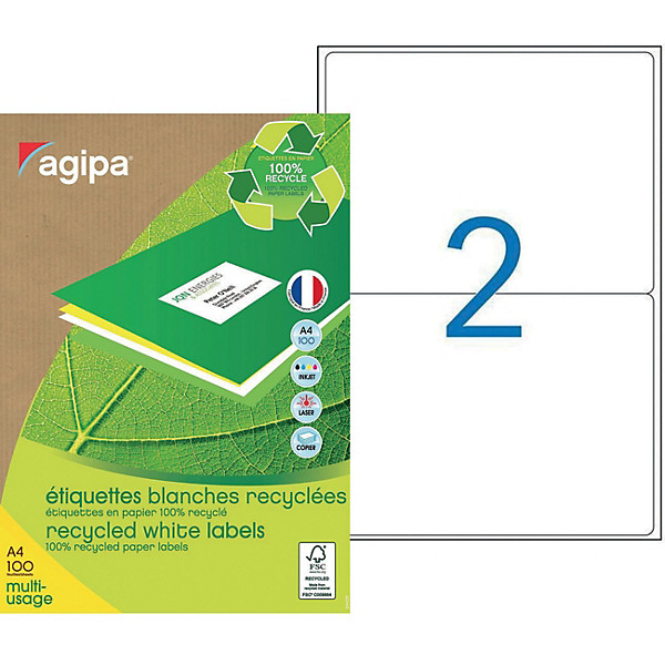 AGIPA 102650 Etiquettes blanches recyclées multi-usage 199,6 x 143,5 mm - Boîte de 200