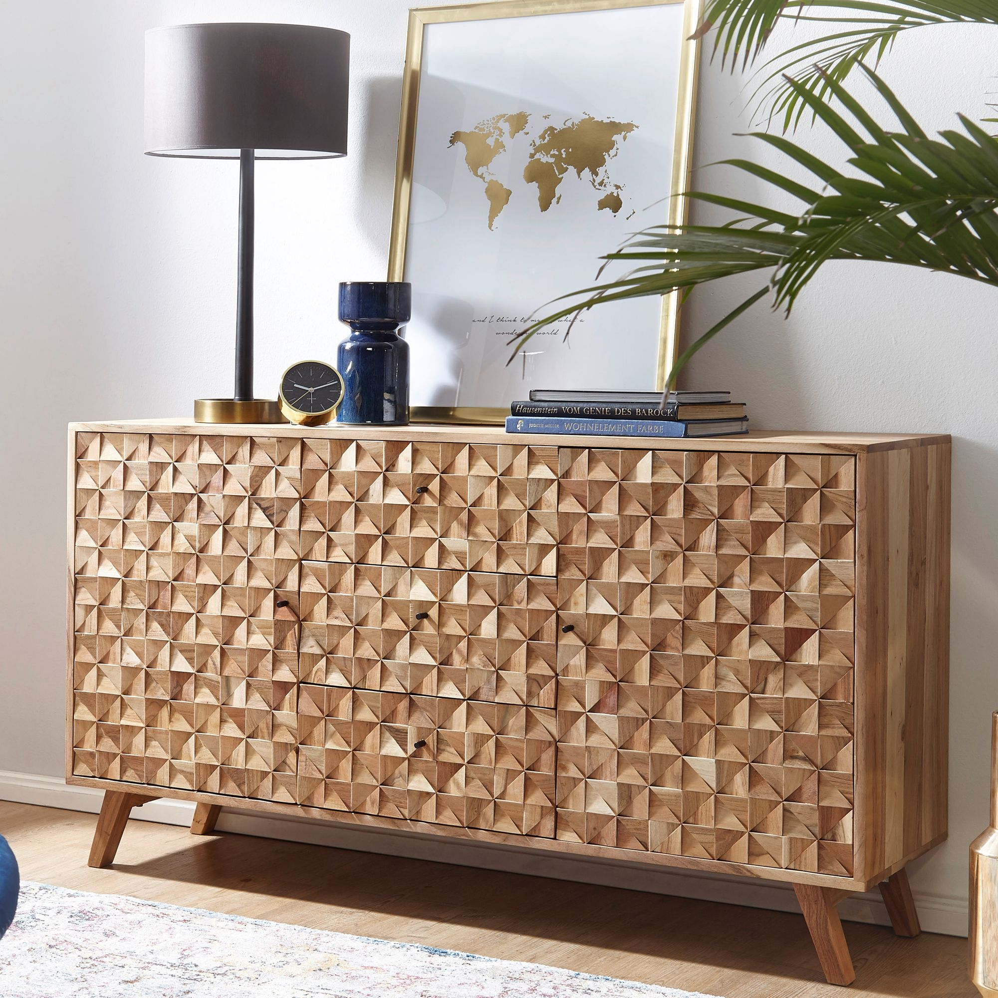 KADIMA DESIGN Sideboard ALME, Massivholz Akazie, 140x78,5x40 cm, Landhaus-Stil, 3 Schubladen & 2 Türen