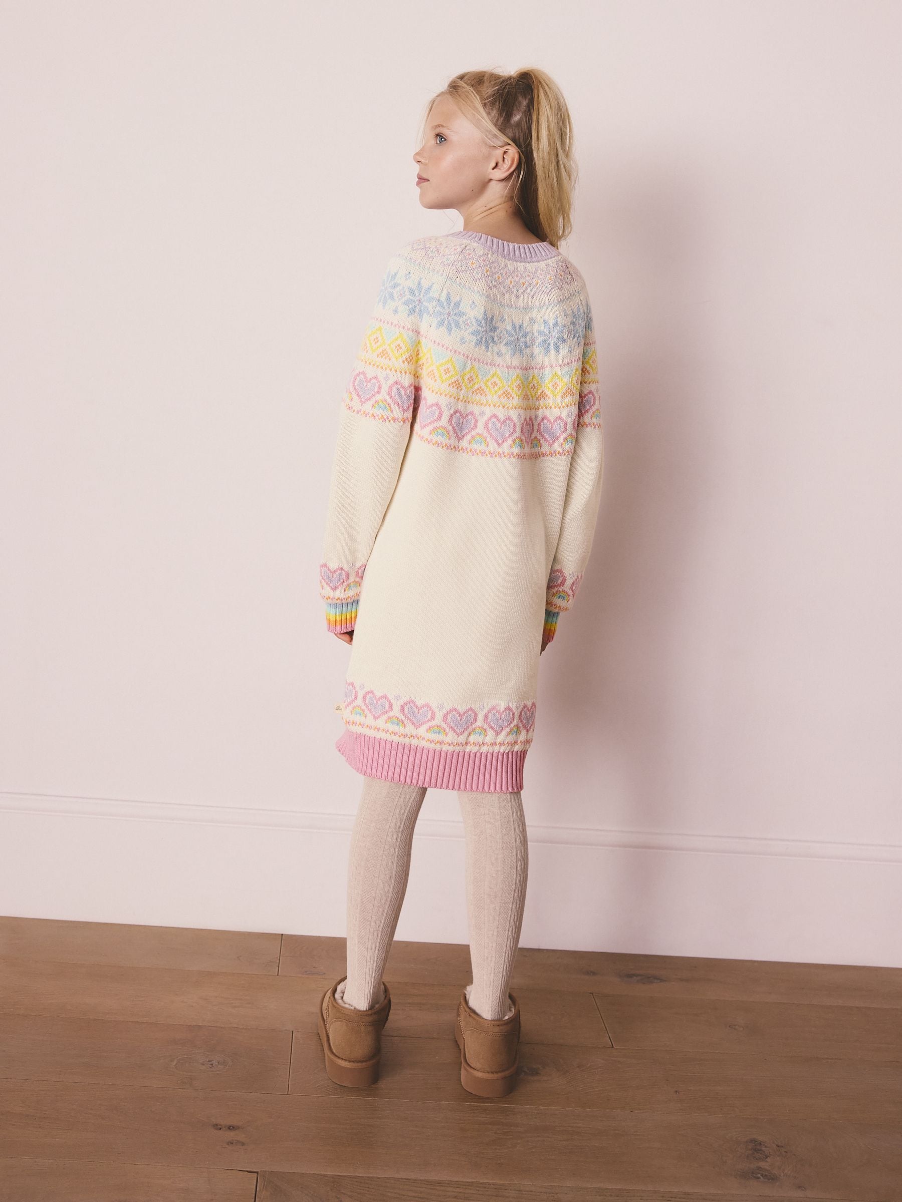 Pastelkleurige regenboogprint - Little Bird by Jools Oliver Kinder Regenboog Fair Isle Kerstmis Familie Gebreide Jurk