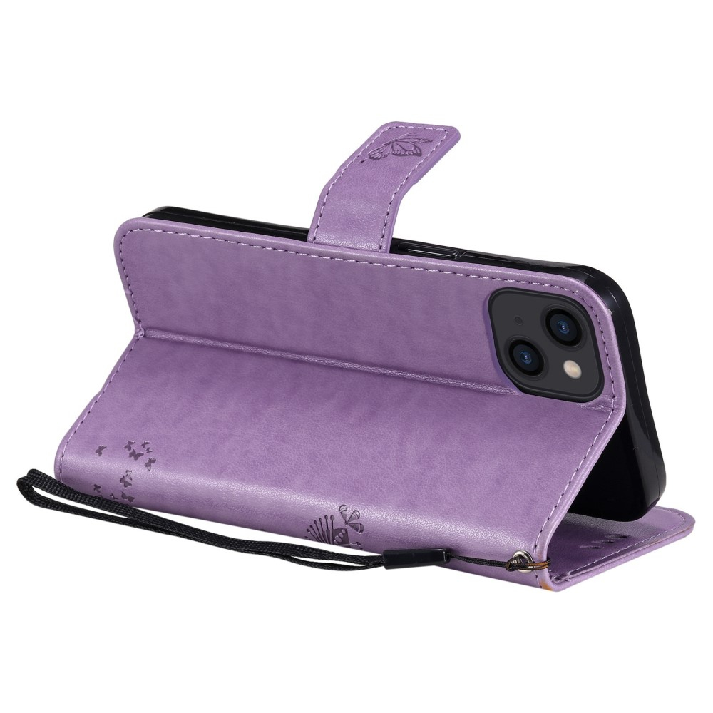 iPhone 14 Leder Tasche Flip Cover Baum Imprint - Lila