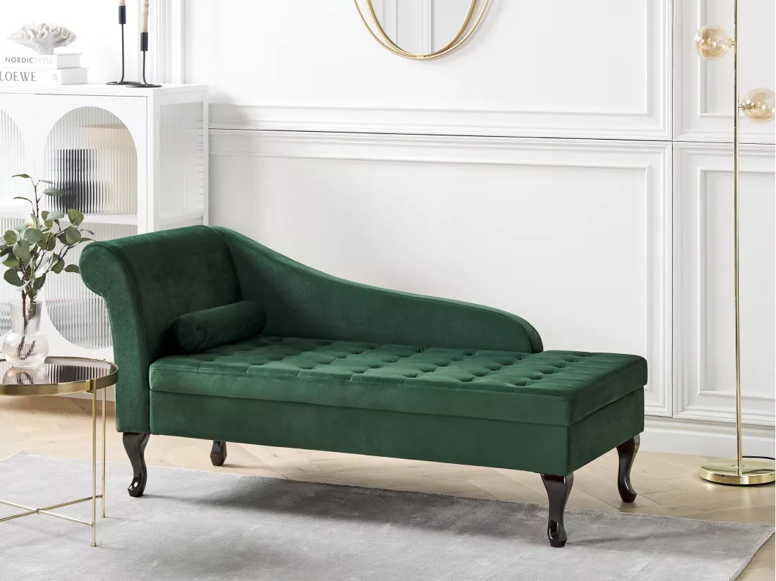 Chaise longue côté droite en velours vert foncé avec rangement PESSAC