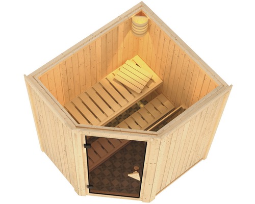 Plug & Play Sauna Karibu Monja zonder kachel en dakrand met gebronsde volledig glazen deur