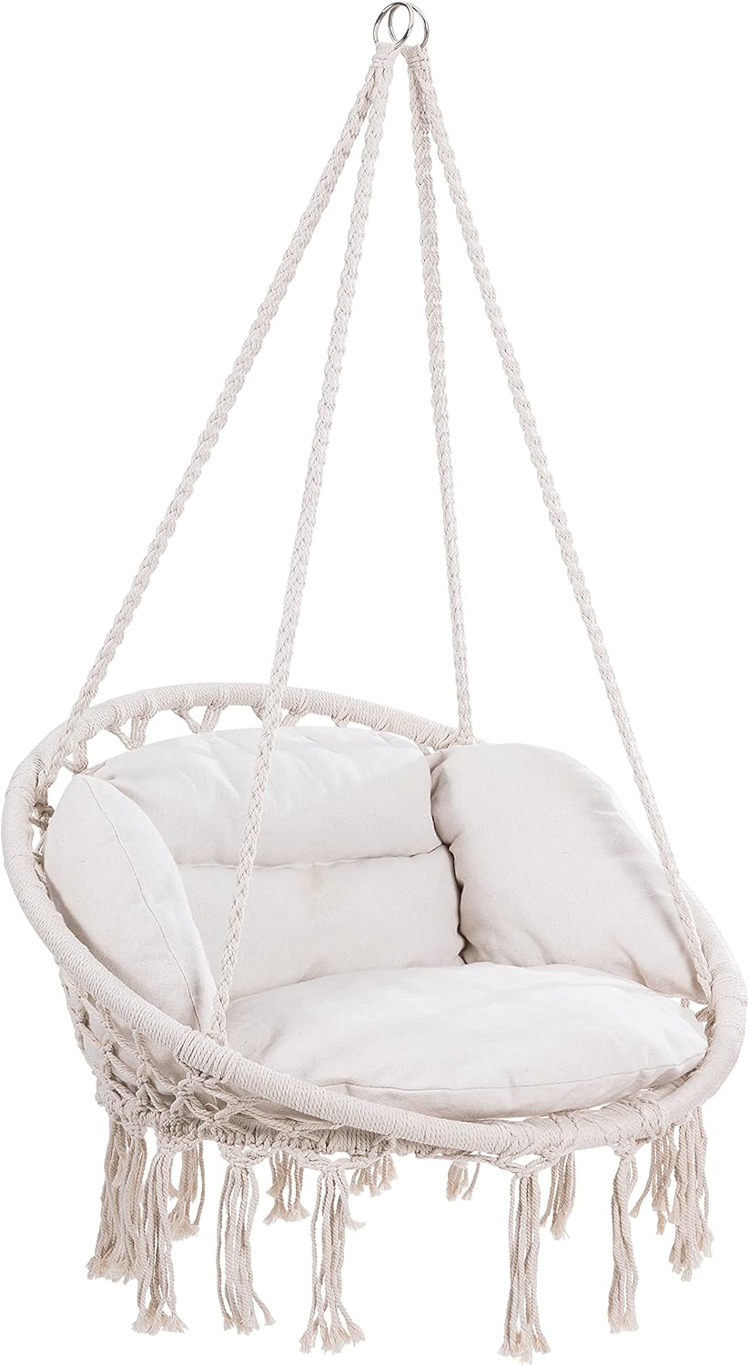 DETEX® Hängesessel bis 150kg Belastbar Boho Stil Wetterfest GS-Zertifiziert Garten 360° Drehbar Creme Hängestuhl Indoor & Outdoor inkl. bequemer Kissen
