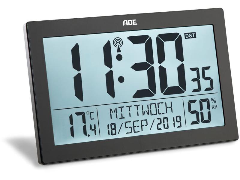 ADE Funk-Wanduhr XL, Schwarz Wecker mit digitaler Anzeige