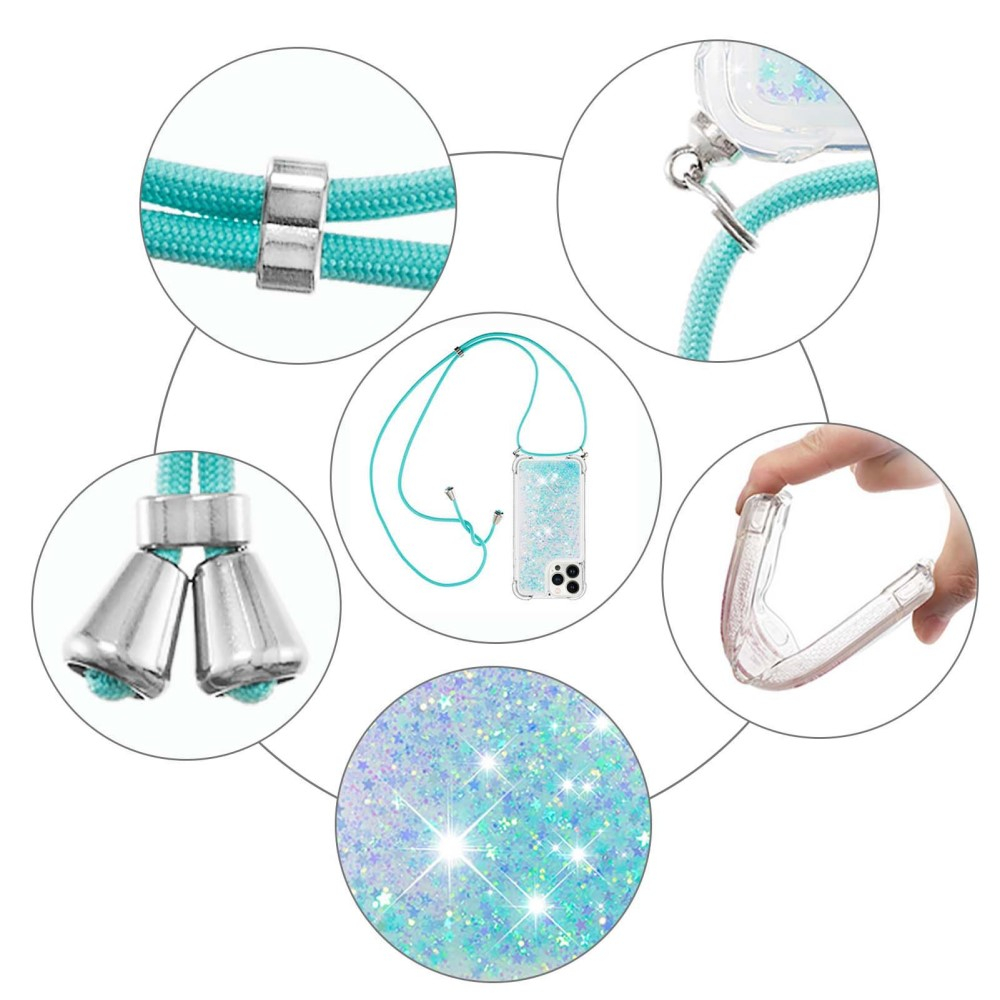 iPhone 14 Pro Max Necklace Gummi Hülle Liquid Glitzer   Handykette (130cm) - Türkis