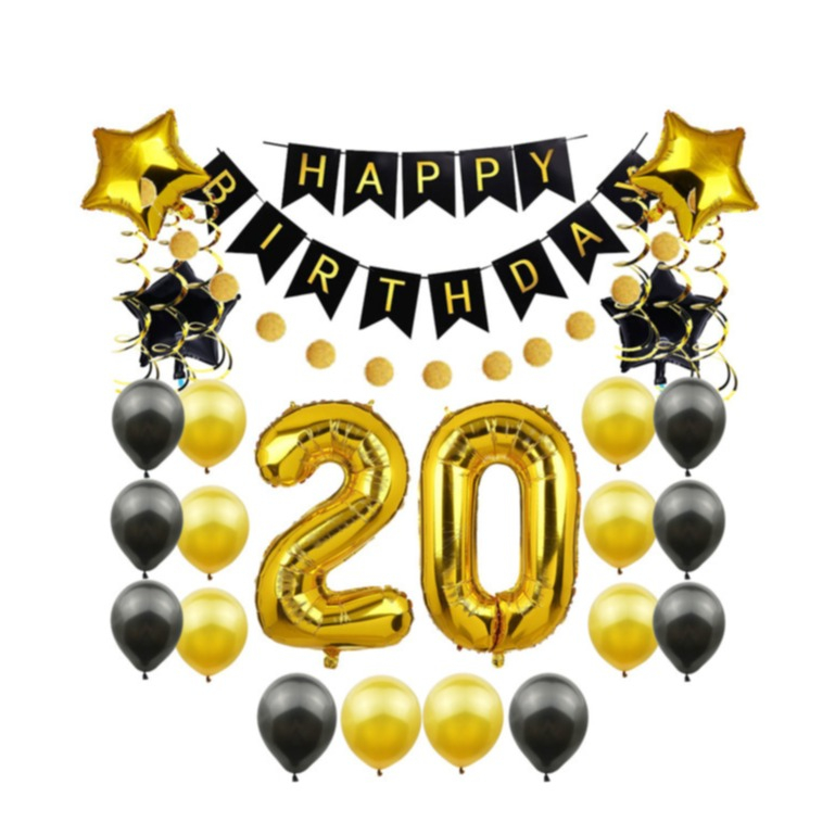 (85-tlg. Set) Happy Birthday Girlande 20. Geburtstag Party Deko   Latex- und Folienballons / Spiralengirlande - Gold / Schwarz