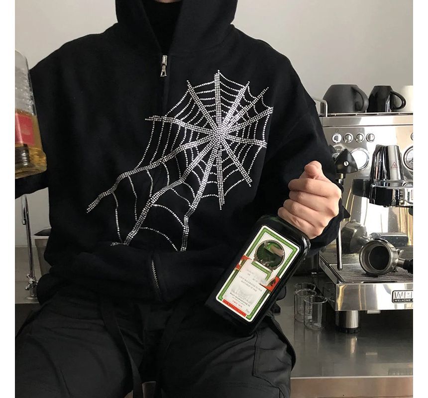 Hotarium - Hoodie met rits en spinnenmotief en strass