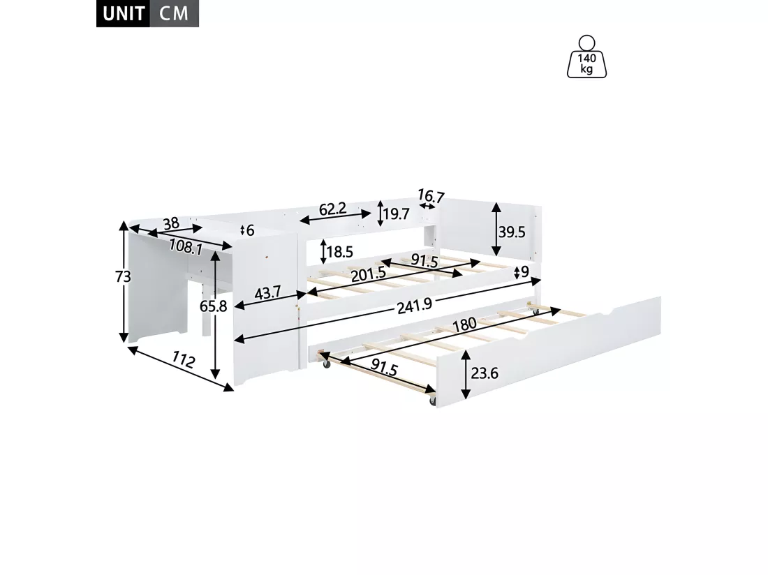 Lit simple 90x200 cm avec un lit gigogne - avec bureau à côté - Blanc